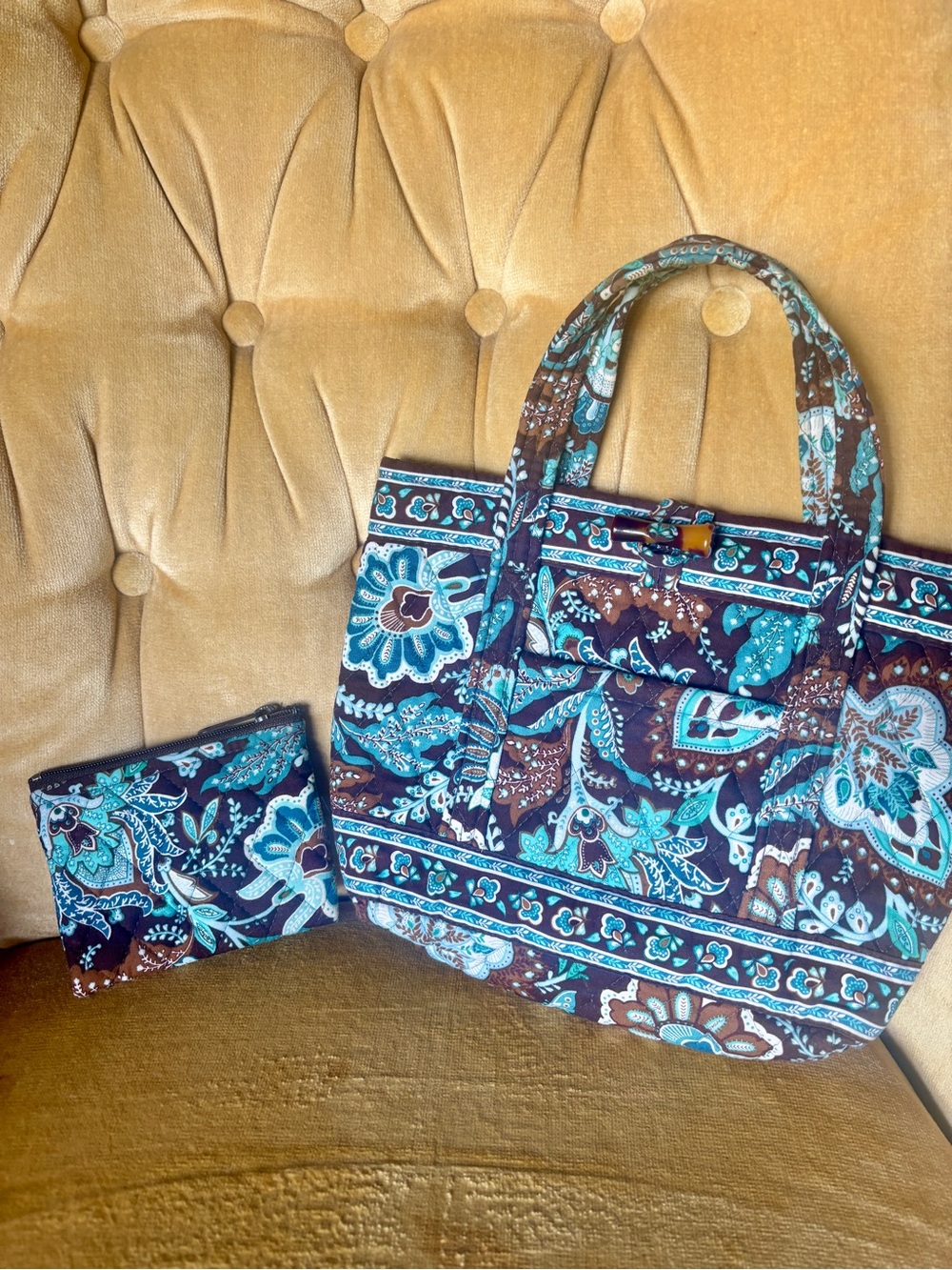 vera bradley java blue tote + coin purse set y2k quilted floral paisley bag